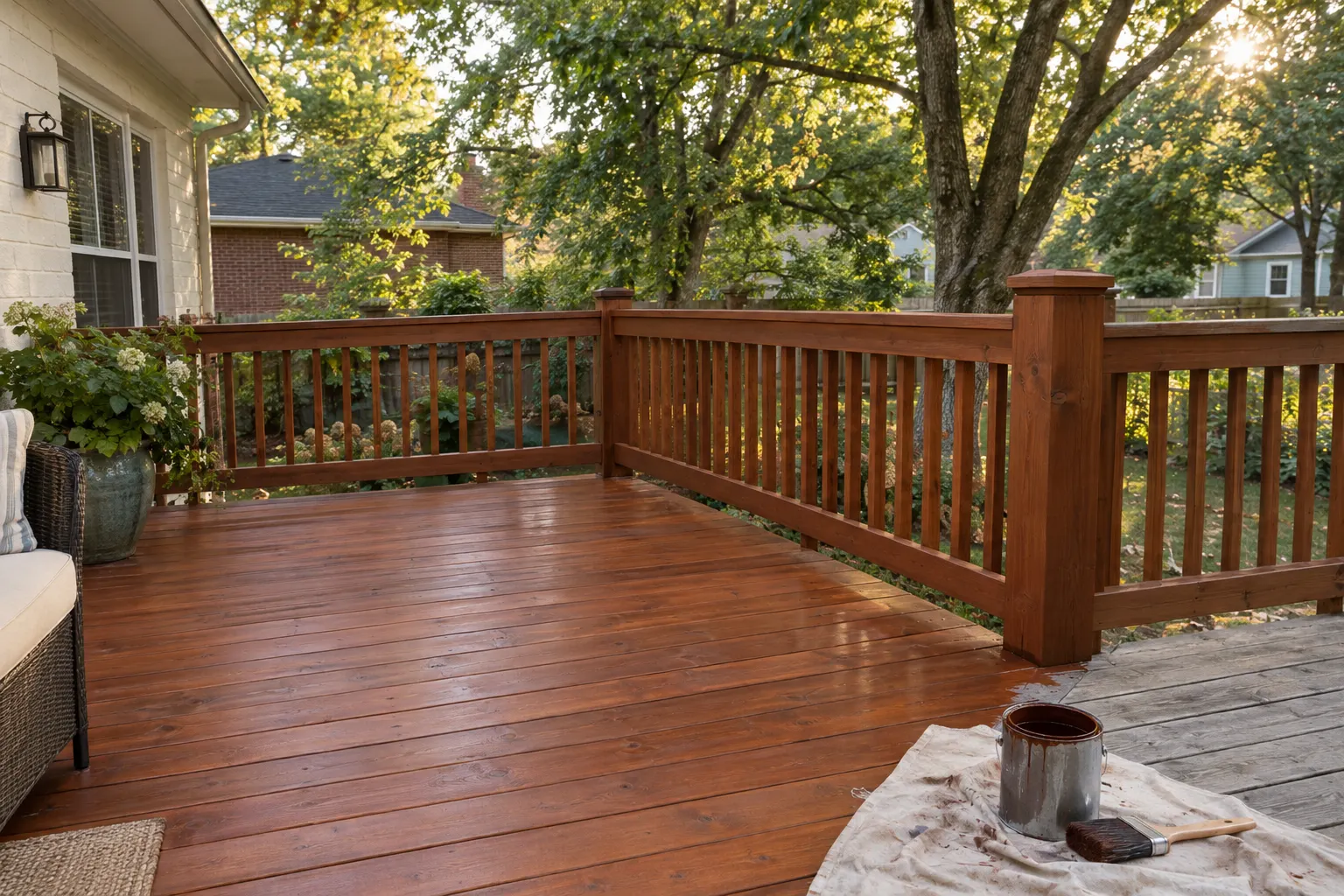 Example image, not one of our jobs: a wooden deck and railing freshly stained a warm cedar red-brown, beside a few weathered grey boards.