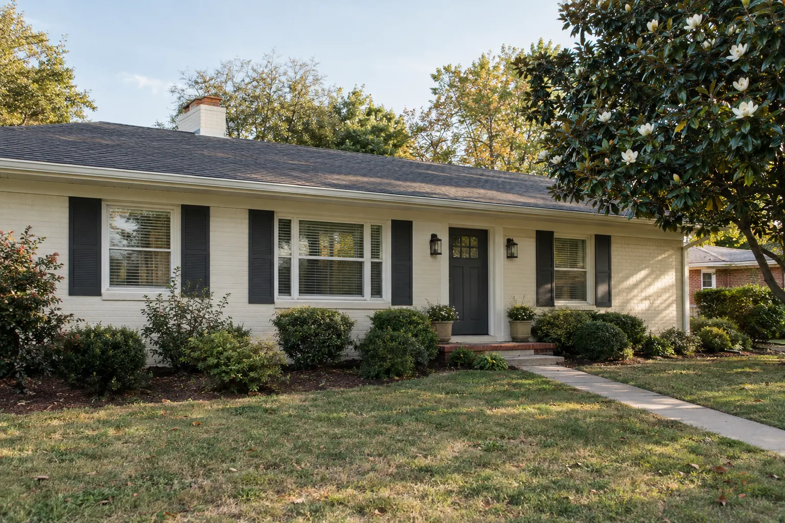 Example image, not one of our jobs: a single-storey brick ranch house with its brick painted soft white, charcoal shutters and a charcoal front door.