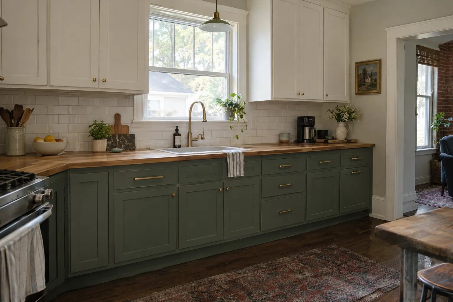 Example image, not one of our jobs: a kitchen with sage green lower cabinets and white upper cabinets with brass pulls.