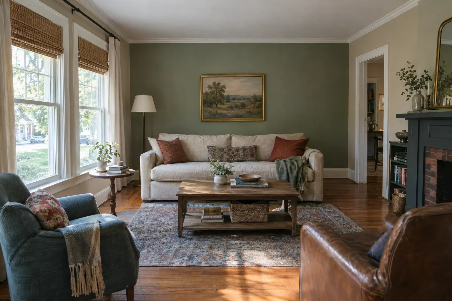 Example image, not one of our jobs: a living room with a sage green accent wall, warm greige walls and bright white crown moulding, window casings and baseboards.