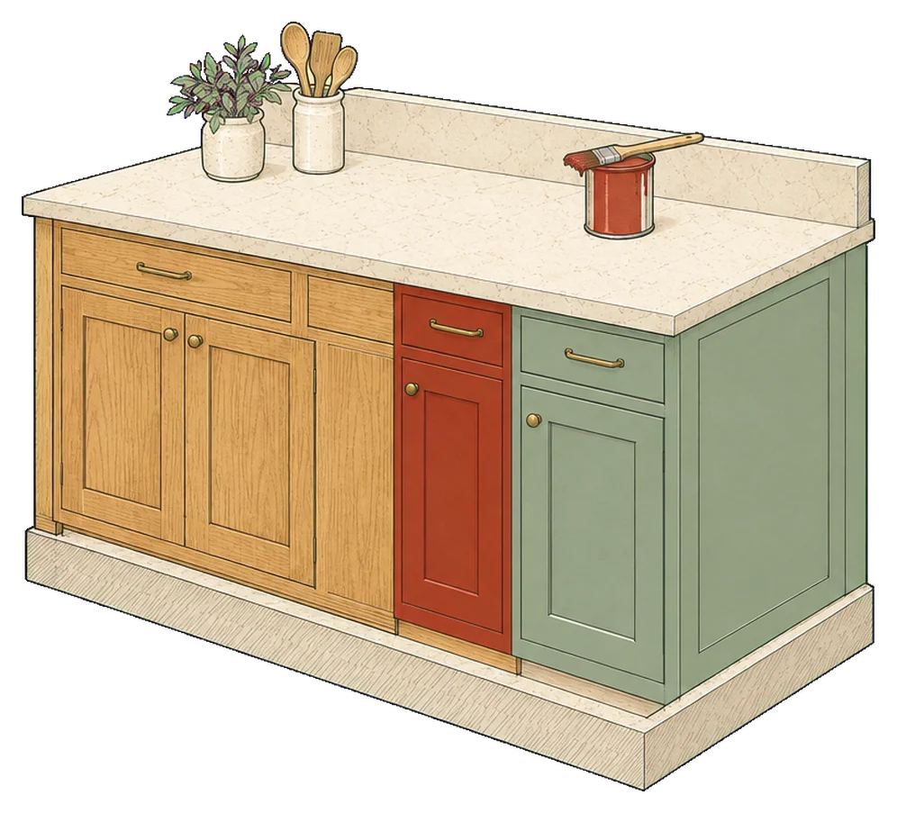Drawing of a kitchen cabinet run: old honey wood doors on the left, freshly painted sage doors on the right and one brick-red door, with a small brush on its tin.