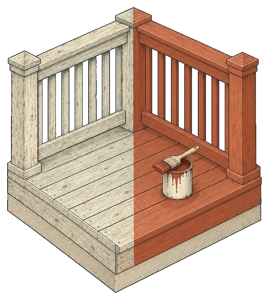 Drawing of a deck corner with a railing: weathered grey boards on the left, freshly stained red-brown boards on the right, a brush across the open can.