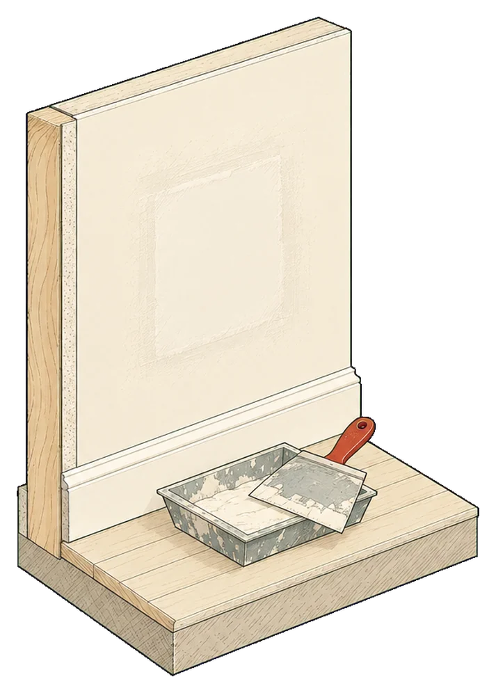 Drawing of a wall with a neat square patch smoothed flush, a putty knife with a brick-red handle resting on a mud pan.
